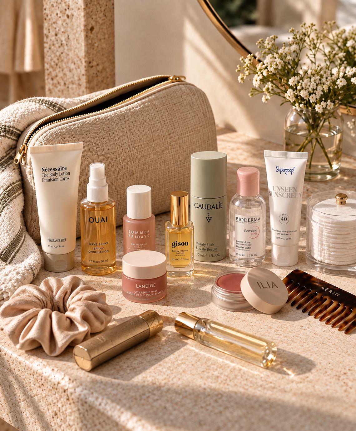 A linen toiletry bag surrounded by an edited travel beauty routine in warm daylight