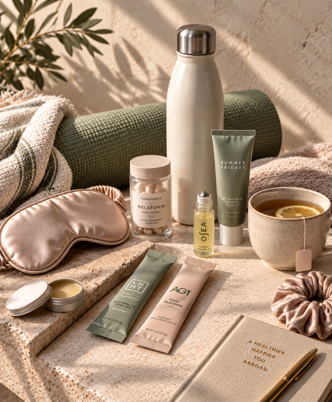 A yoga mat, water bottle, sleep mask, tea and travel wellness essentials in warm daylight