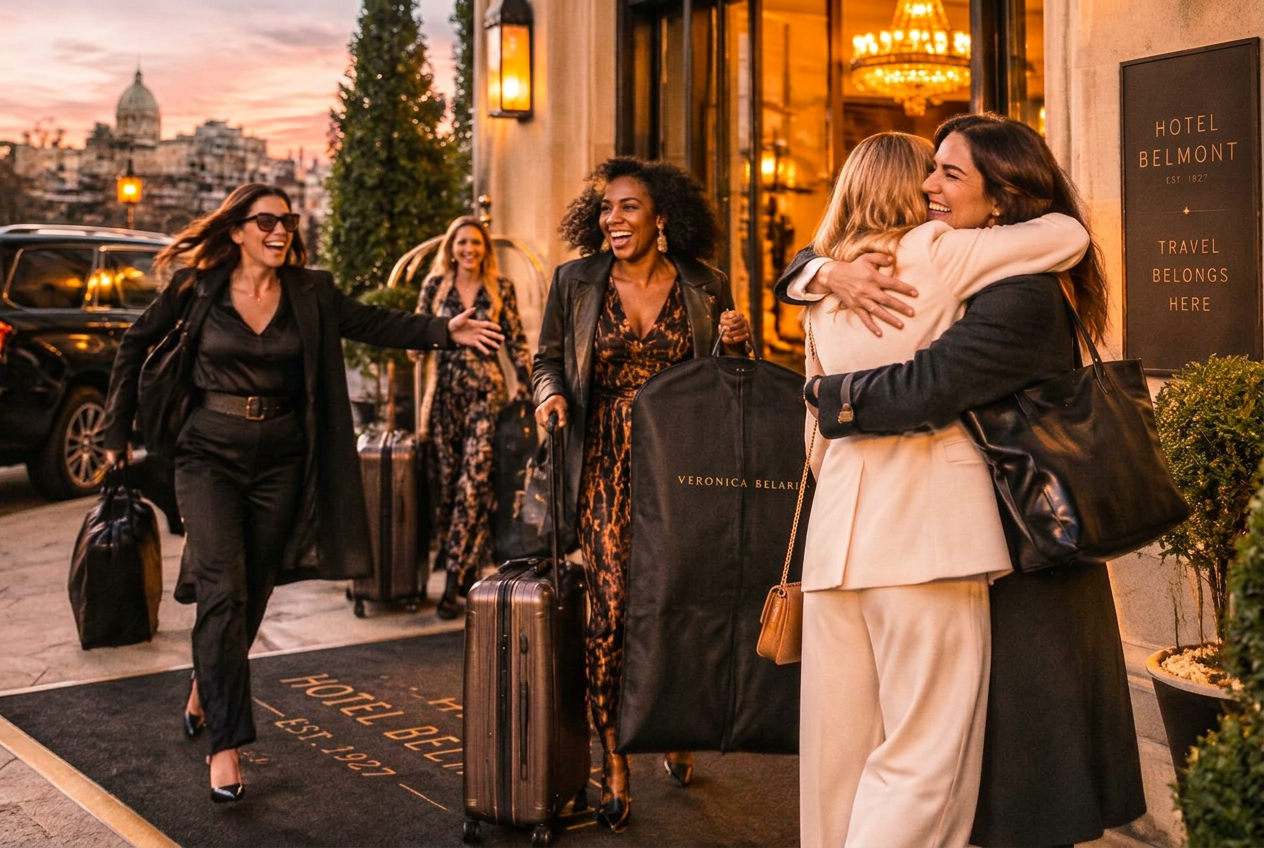Two women arriving at a hotel entrance with suitcases, laughing in the late afternoon light