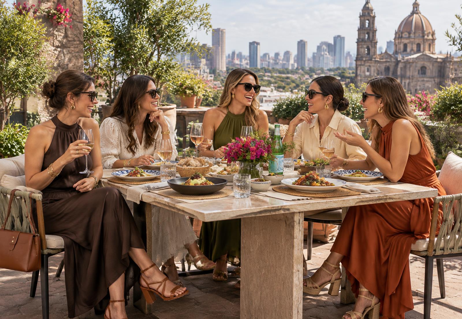 Five stylish women laughing together over an outdoor lunch on a sunlit city terrace