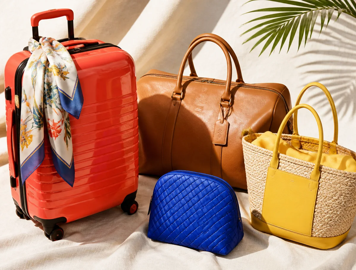 A cream hard-shell carry-on with a silk scarf on the handle, beside a tan leather weekender, straw tote and quilted pouch by a sunlit doorway