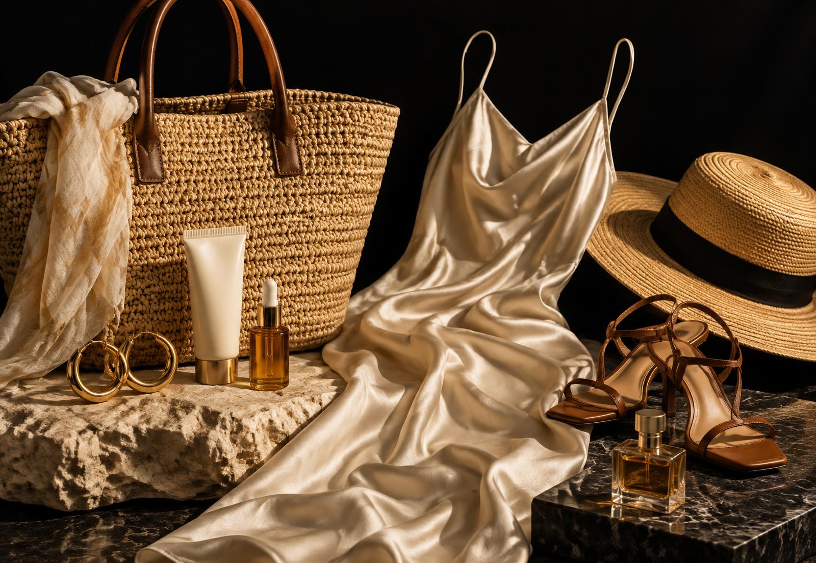 Styled travel edit on black: raffia tote, silk slip dress, gold hoops, sandals, sun care and perfume