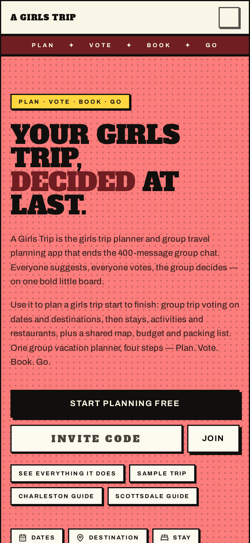 A Girls Trip — Landing screen